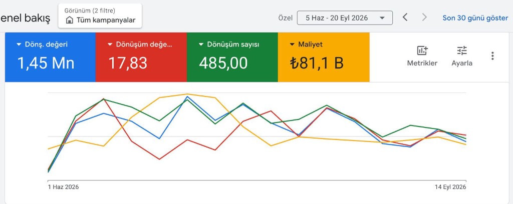 Google Ads, 5 June–20 September 2026. 1.45 million in conversion value, 485 conversions, 81.1k TL in cost.